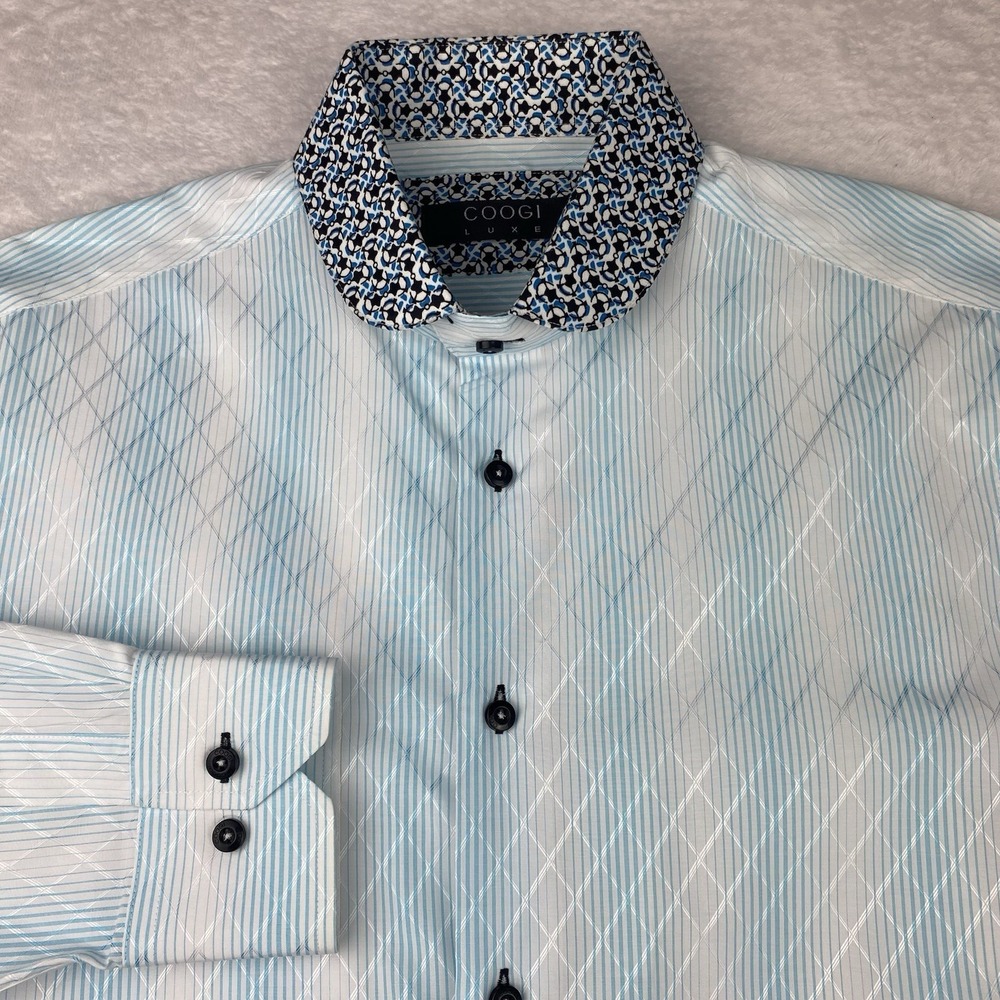 COOGI Luxe Dress Shirt Mens 16.5-17 Light Blue Diamond Print Contrasting Collar